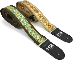 Handmade 60's Style Floral Hippy Hemp Guitar Strap by VTAR, Made with Vegan Leather. For Acoustic, Bass and Electric