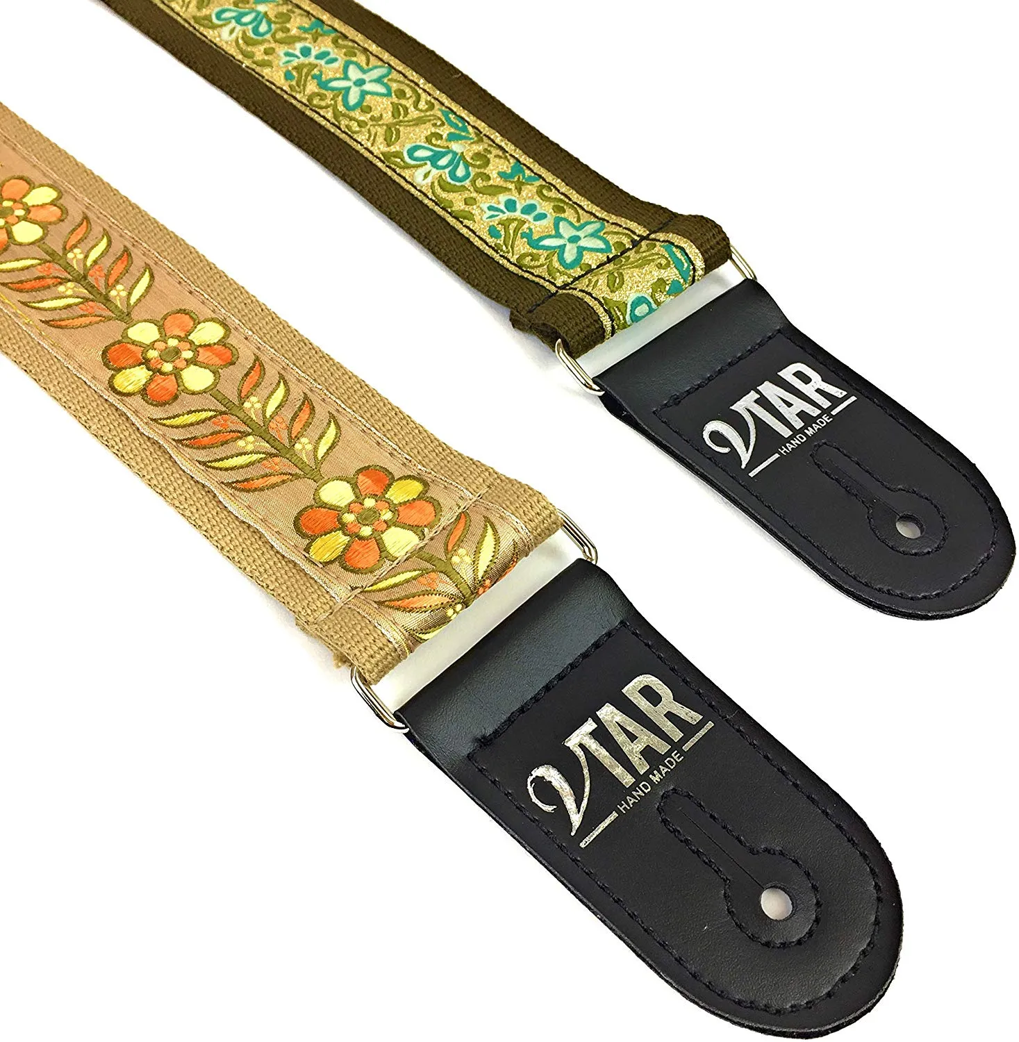 Handmade 60's Style Floral Hippy Hemp Guitar Strap by VTAR, Made with Vegan Leather. For Acoustic, Bass and Electric