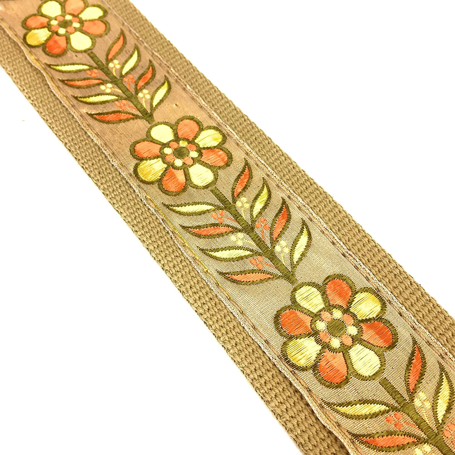 Handmade 60's Style Floral Hippy Hemp Guitar Strap by VTAR, Made with Vegan Leather. For Acoustic, Bass and Electric