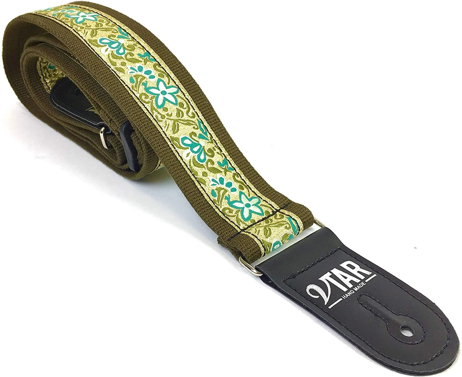 Handmade 60's Style Floral Hippy Hemp Guitar Strap by VTAR, Made with Vegan Leather. For Acoustic, Bass and Electric