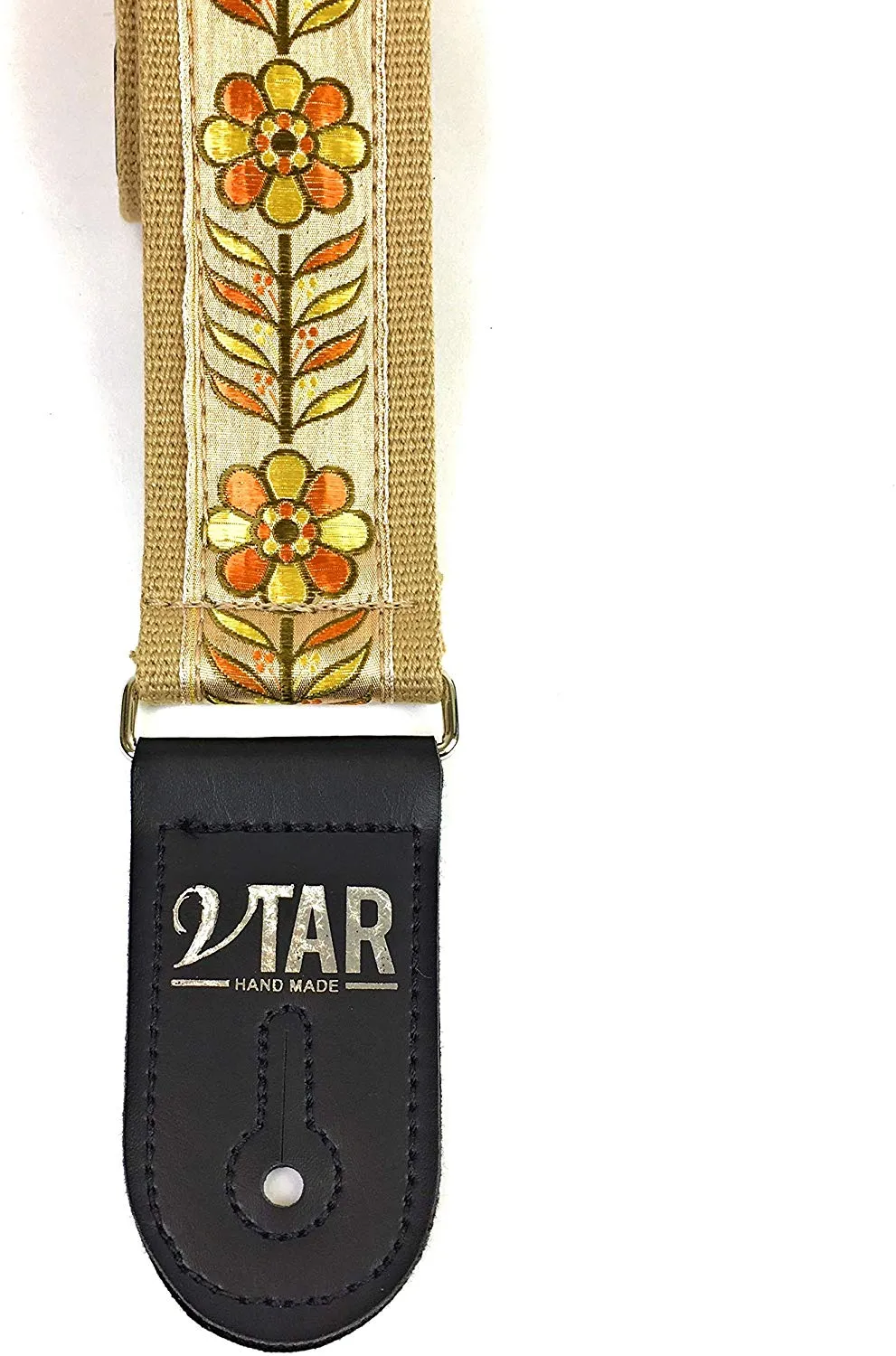 Handmade 60's Style Floral Hippy Hemp Guitar Strap by VTAR, Made with Vegan Leather. For Acoustic, Bass and Electric