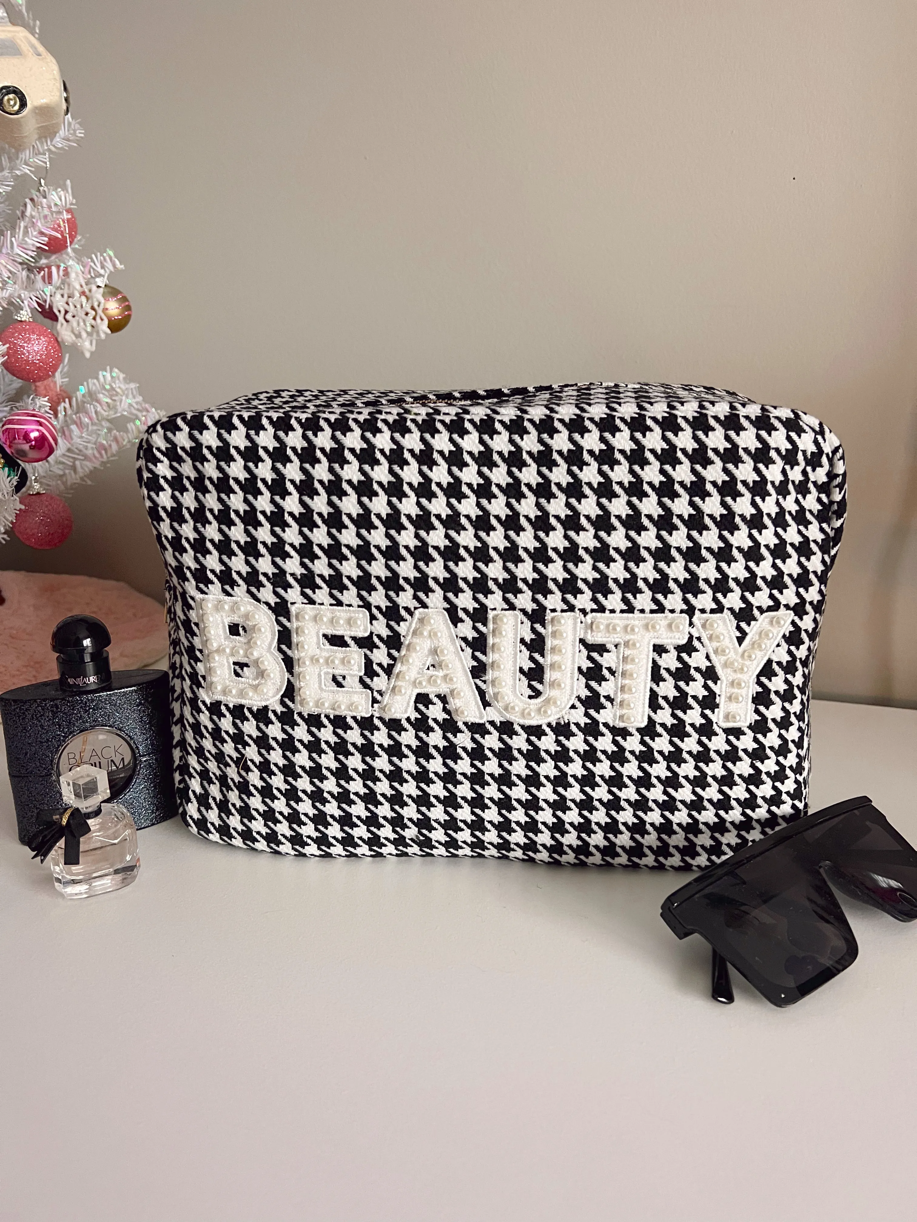 Houndstooth Beauty XL Makeup Bag - Black