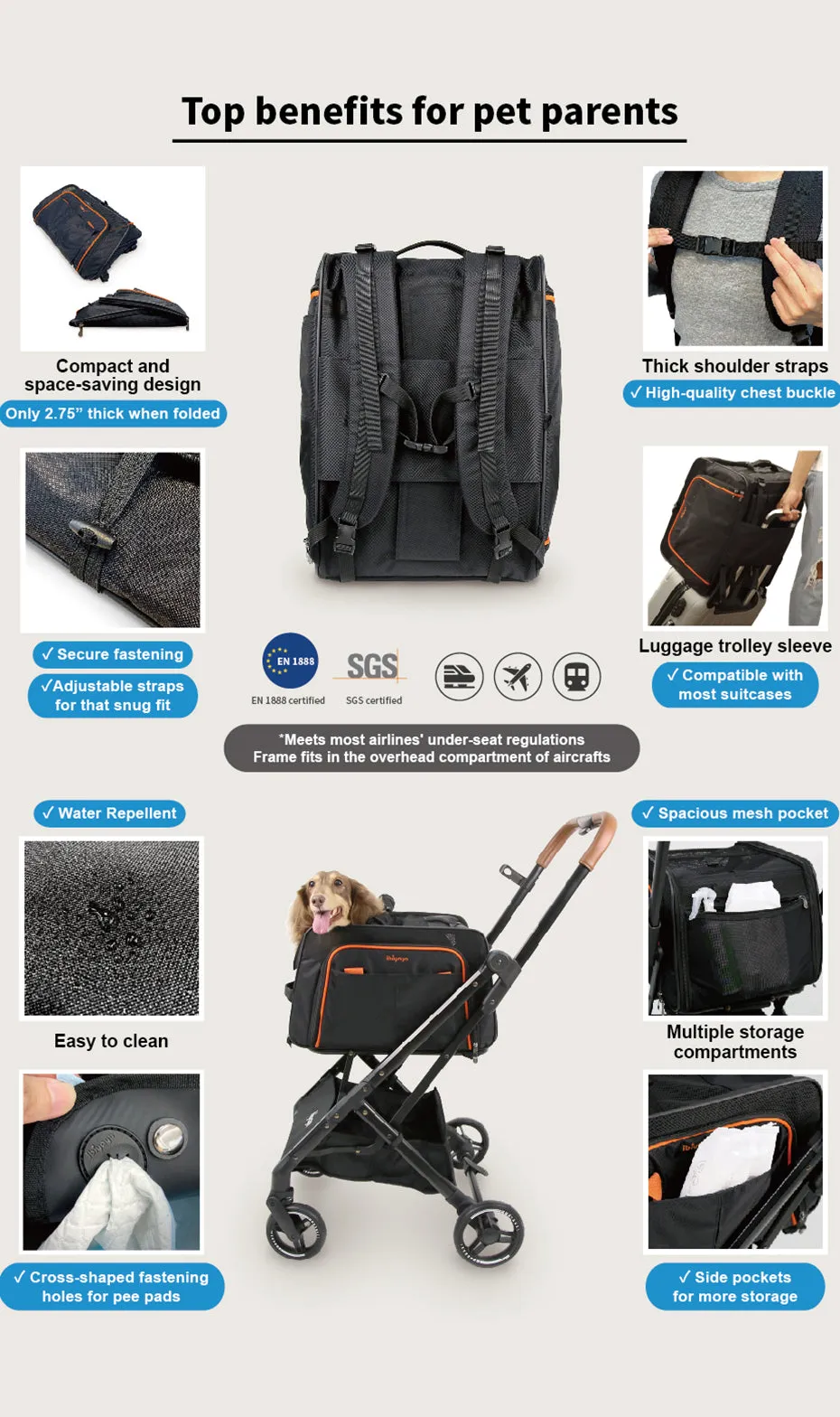 Ibiyaya JetPaw 3-in-1 Pet Stroller with Removable Carrier