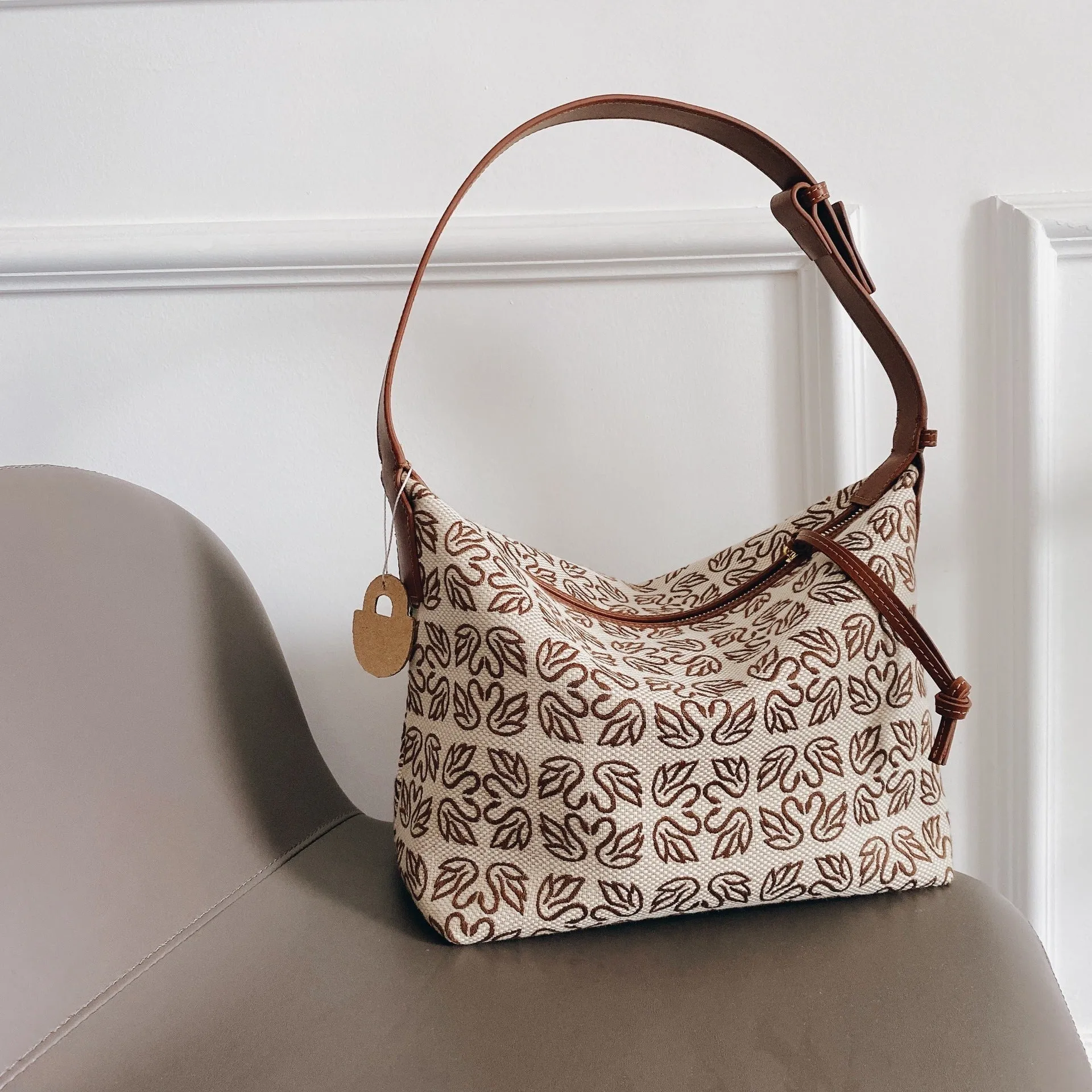 Jacquard Canvas Hobo Bag With Leather Trim