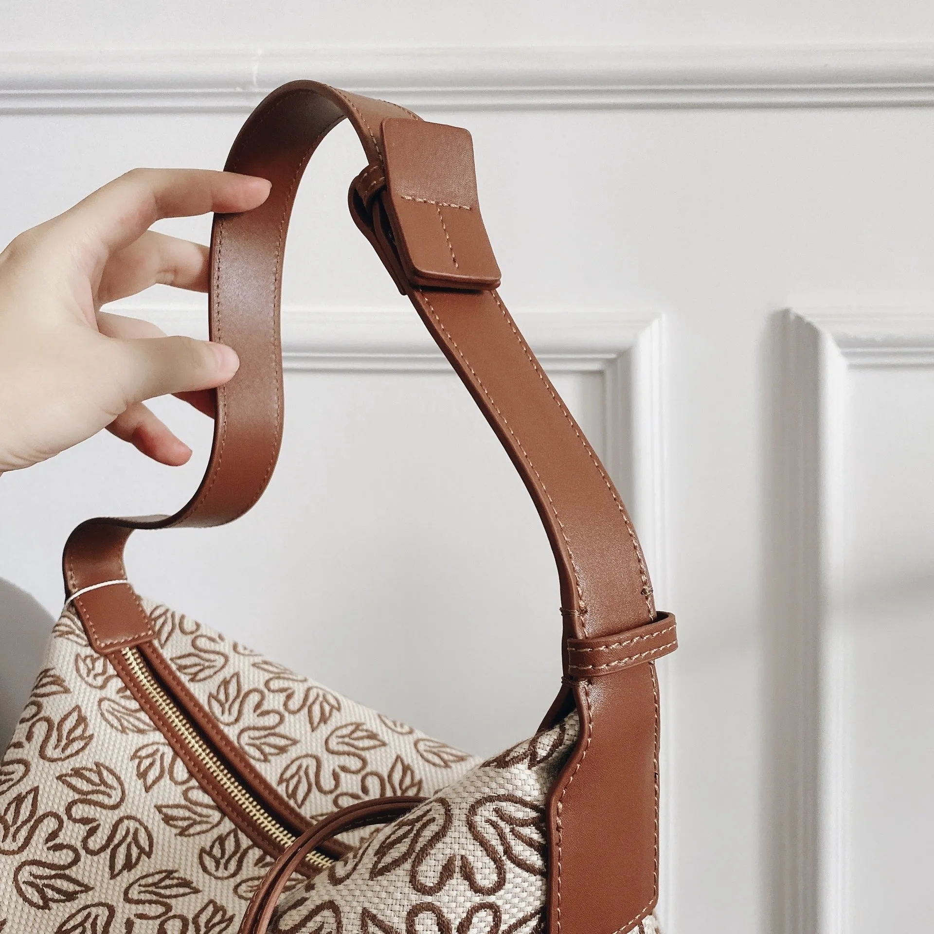 Jacquard Canvas Hobo Bag With Leather Trim