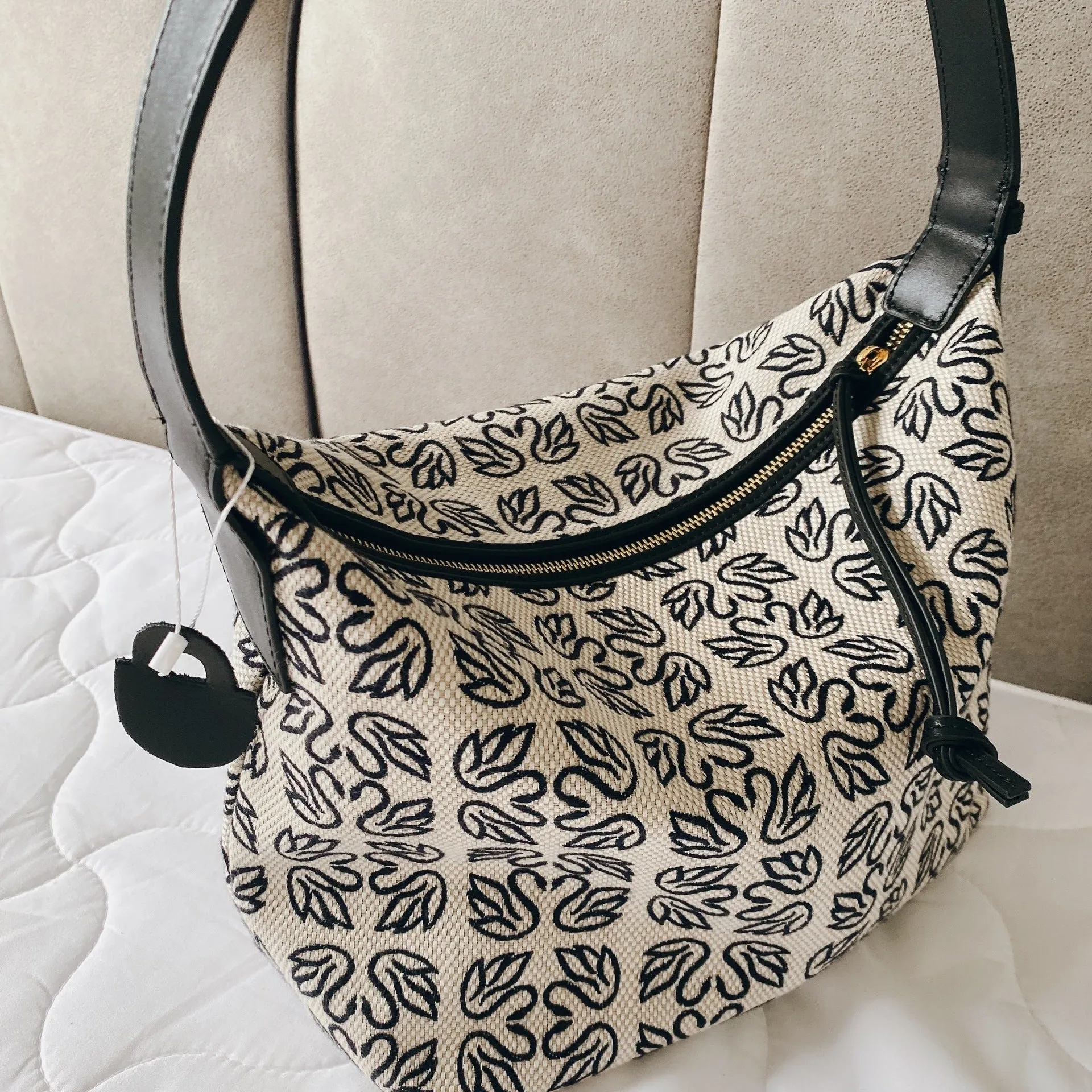 Jacquard Canvas Hobo Bag With Leather Trim