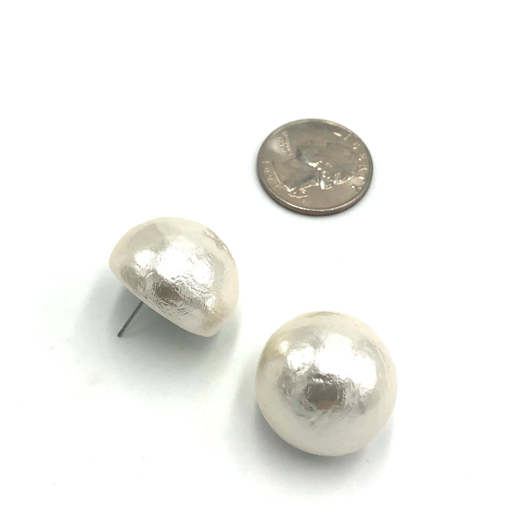 Jumbo White Cotton Pearl Button Stud Earrings