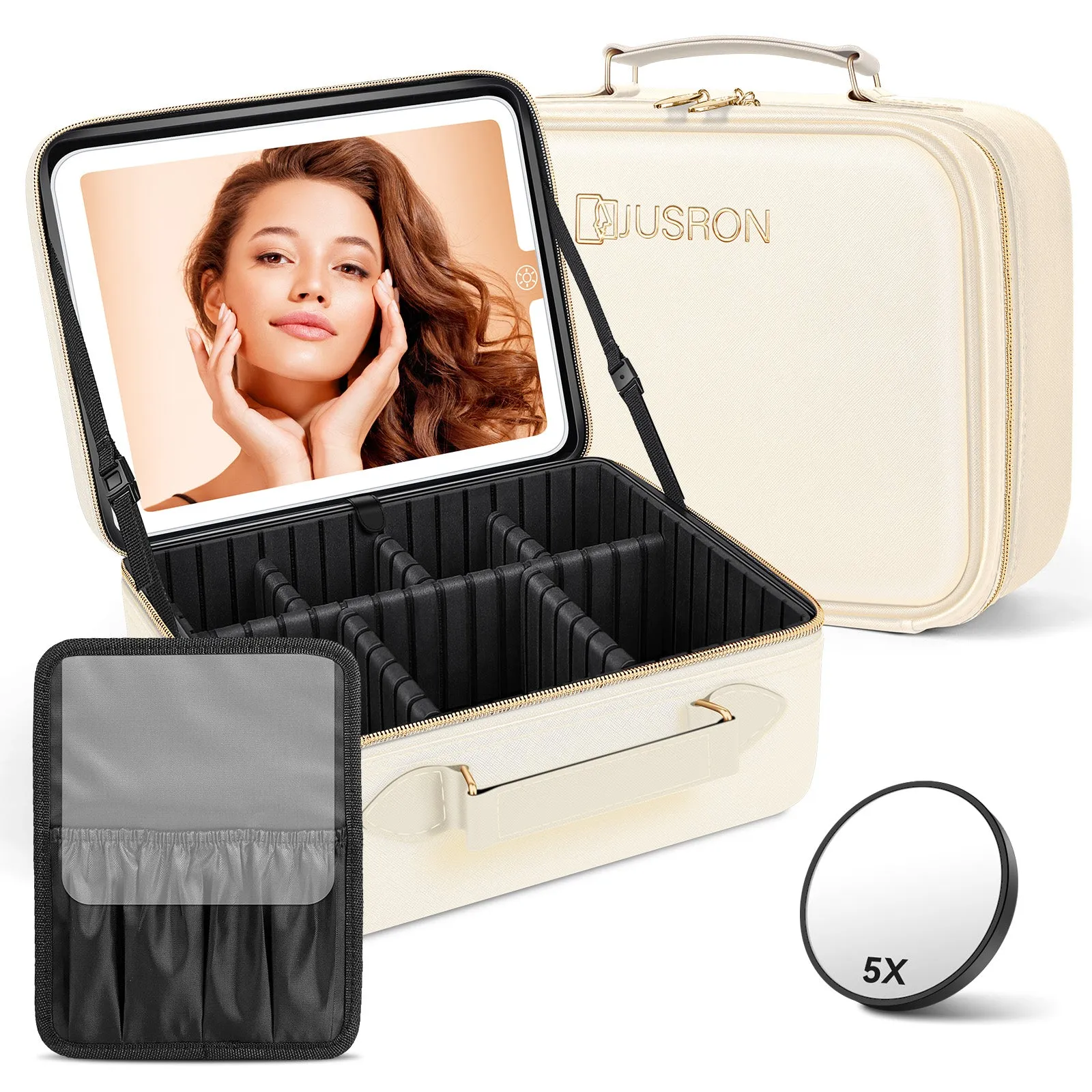 JUSRON Travel Cosmetic Bag with Illuminated Mirror 3 Color Scenes Adjustable Brightness