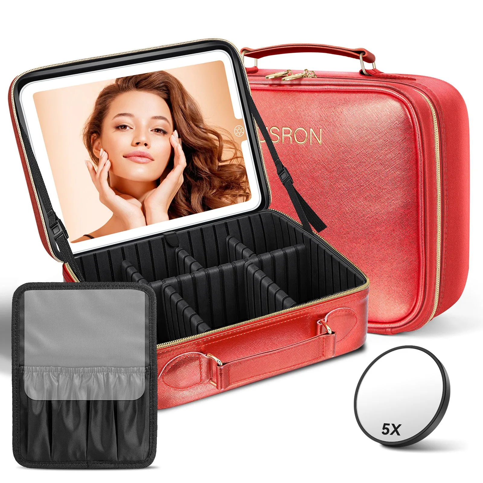 JUSRON Travel Cosmetic Bag with Illuminated Mirror 3 Color Scenes Adjustable Brightness