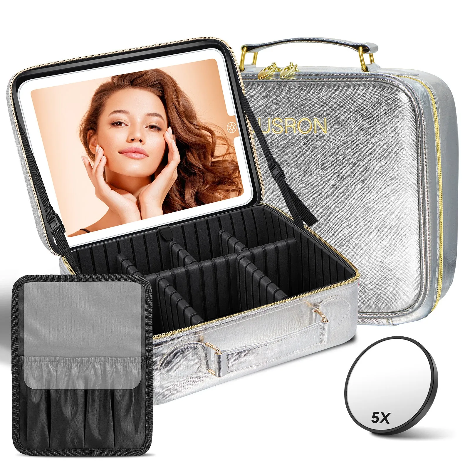 JUSRON Travel Cosmetic Bag with Illuminated Mirror 3 Color Scenes Adjustable Brightness