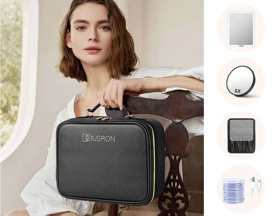 JUSRON Travel Cosmetic Bag with Illuminated Mirror 3 Color Scenes Adjustable Brightness