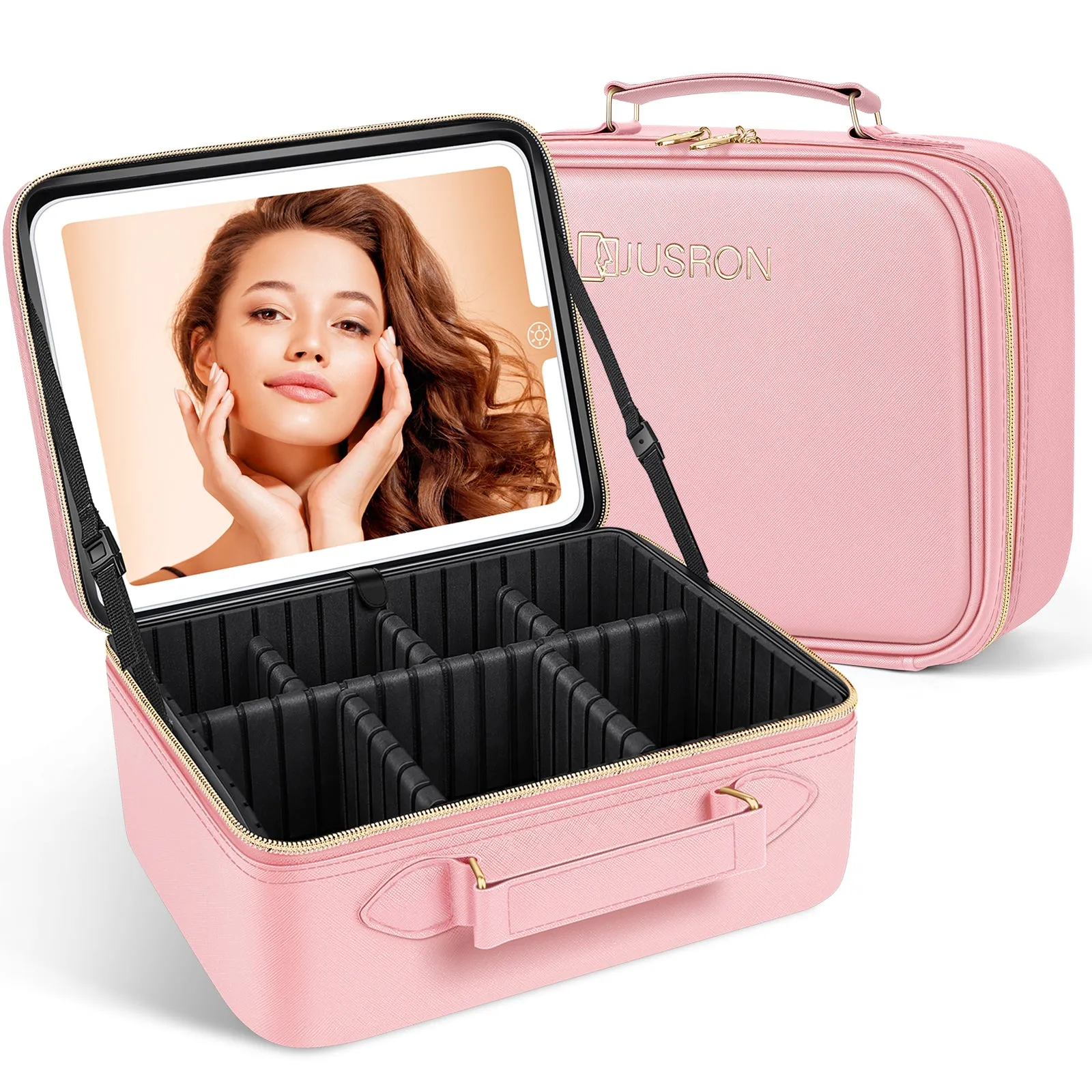 JUSRON Travel Cosmetic Bag with Illuminated Mirror 3 Color Scenes Adjustable Brightness