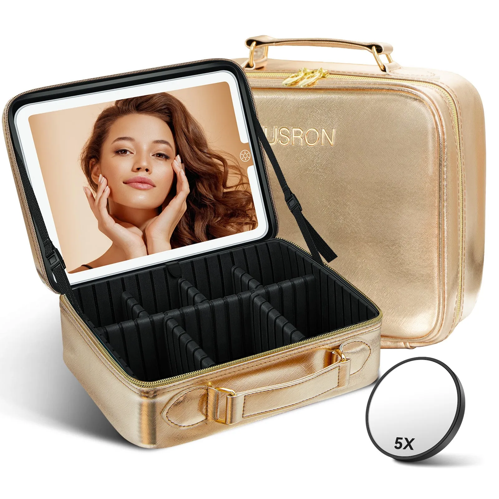 JUSRON Travel Cosmetic Bag with Illuminated Mirror 3 Color Scenes Adjustable Brightness