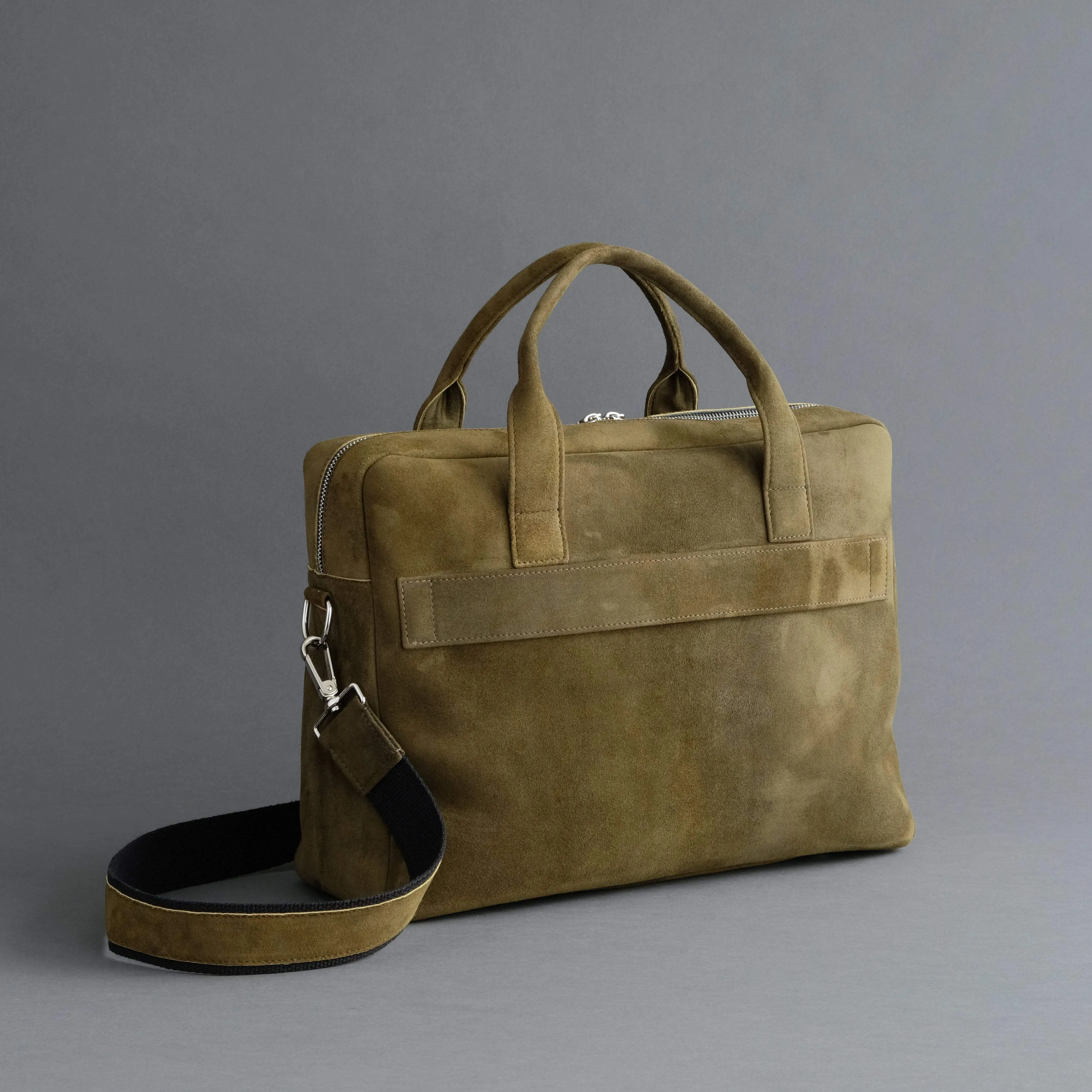 Laptop Carrying Bag Made From Forest Green Goatskin Suede