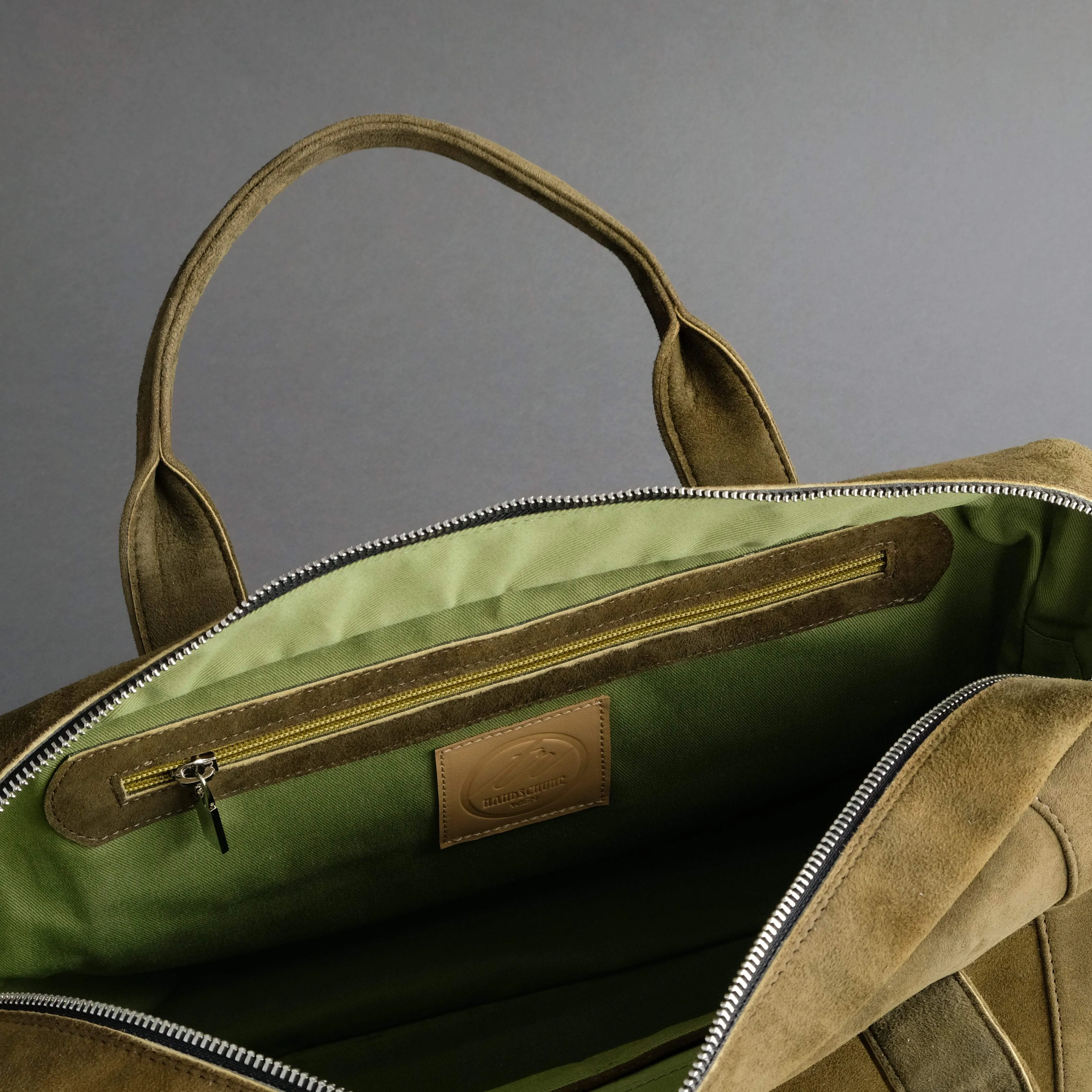 Laptop Carrying Bag Made From Forest Green Goatskin Suede