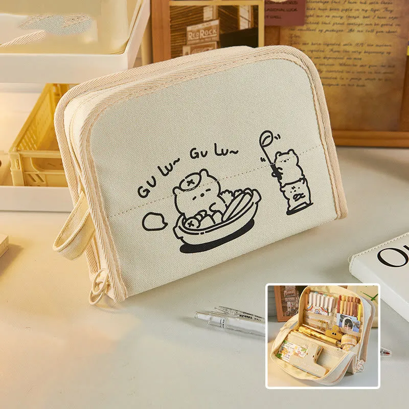 Large Capacity Student Pencil Case Canvas with Double Zipper Portable Pencil Case Stationery Pencil Case