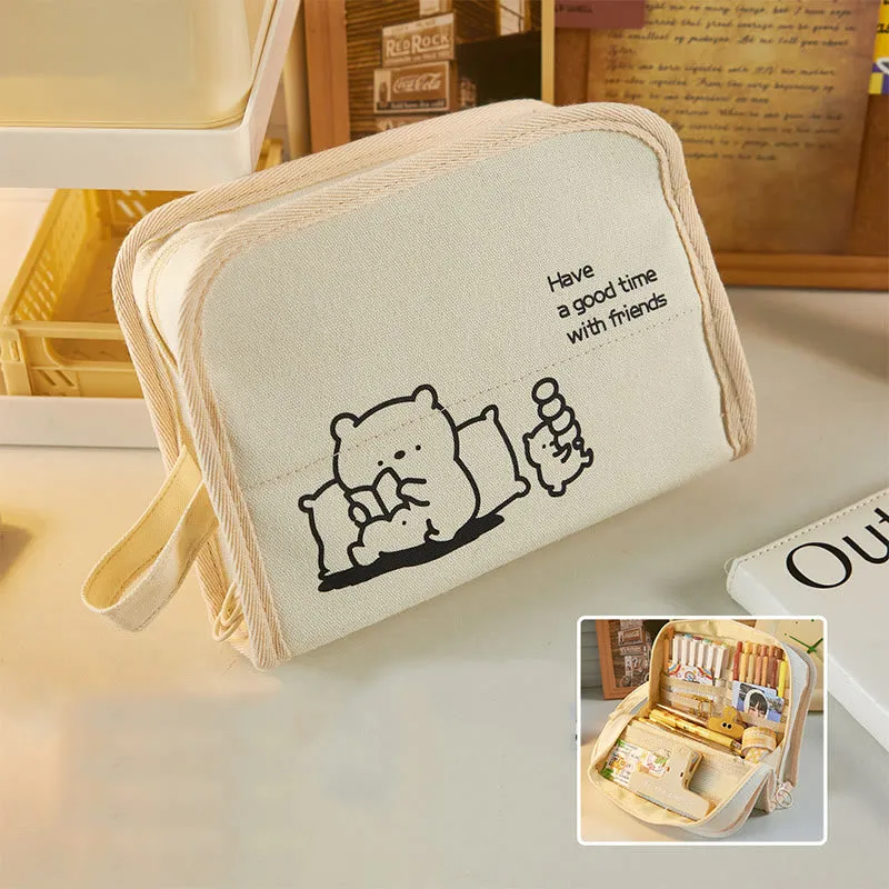 Large Capacity Student Pencil Case Canvas with Double Zipper Portable Pencil Case Stationery Pencil Case