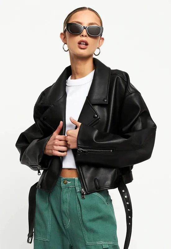 LIONESS: OVERSIZED MOTO VEGAN LEATHER JACKET