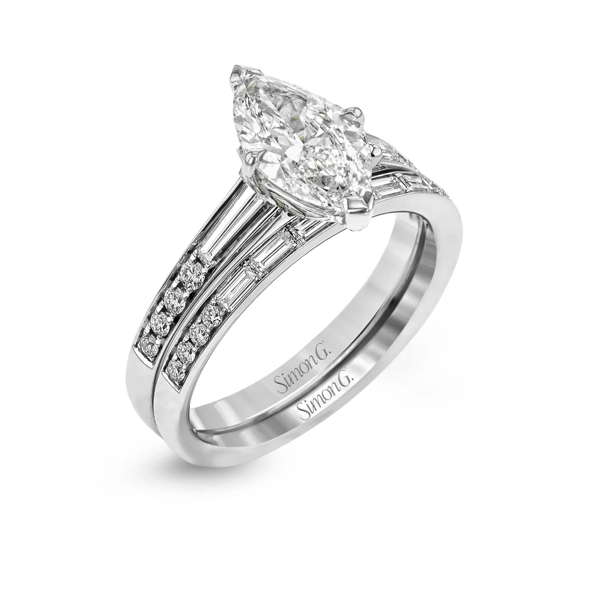 Marquise-cut Engagement Ring & Matching Wedding Band in 18k Gold with Diamonds