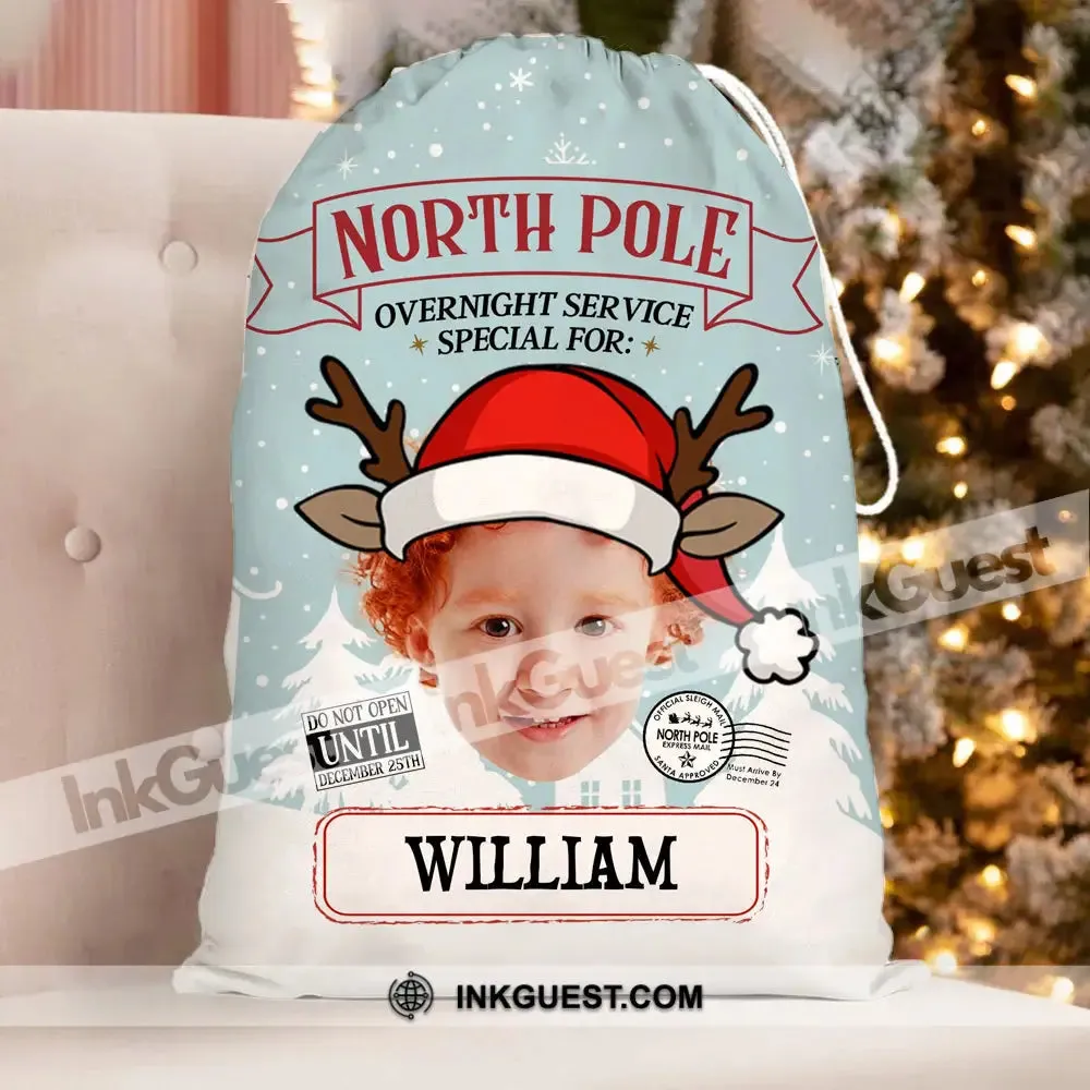 North Pole Overnight Service Custom Photo And Text, Personalized String Bag, Christmas Gift