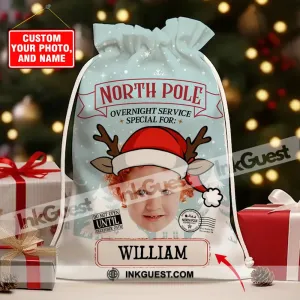 North Pole Overnight Service Custom Photo And Text, Personalized String Bag, Christmas Gift