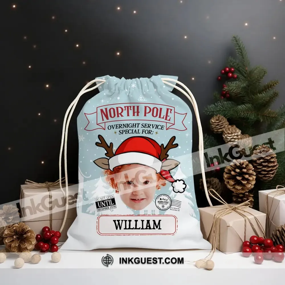 North Pole Overnight Service Custom Photo And Text, Personalized String Bag, Christmas Gift