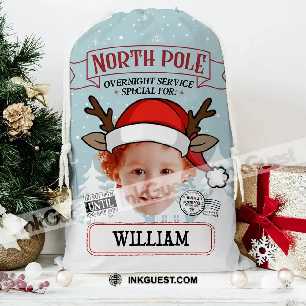 North Pole Overnight Service Custom Photo And Text, Personalized String Bag, Christmas Gift