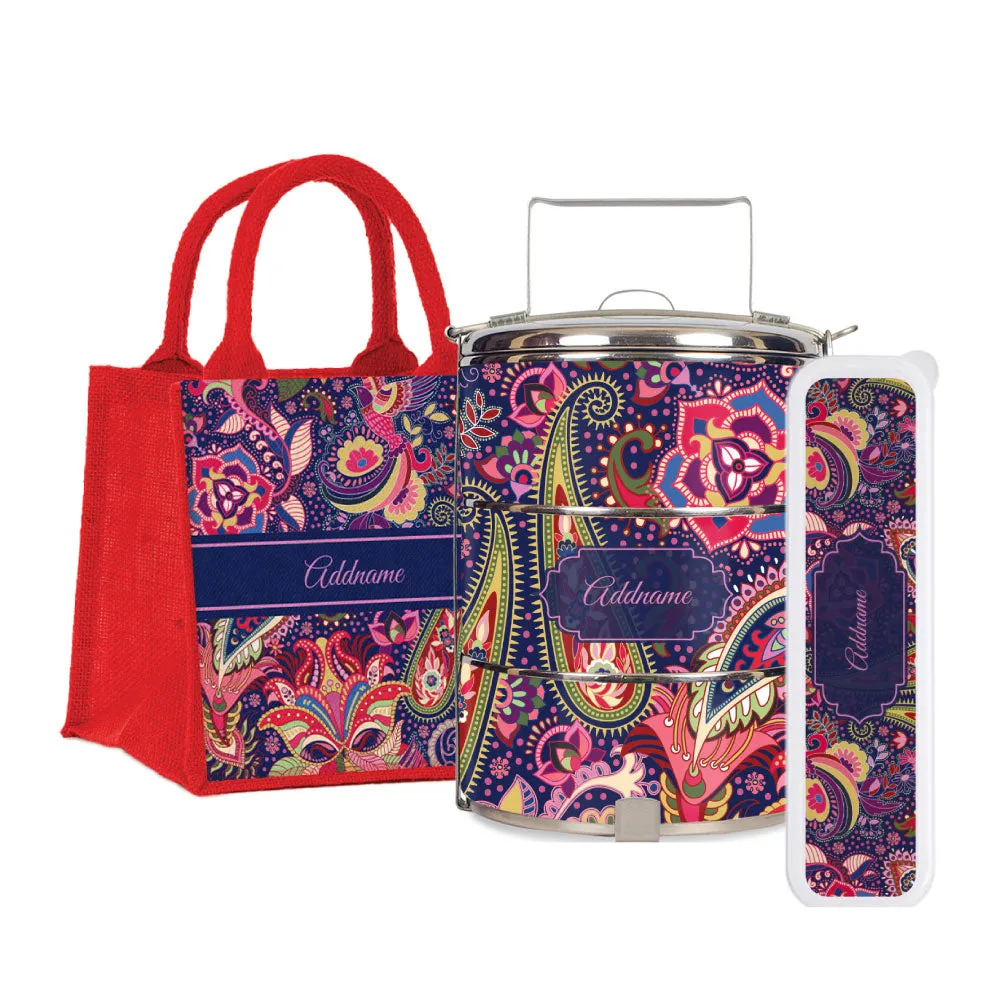 Paisley Batik Purple Tiffin Carrier, Jute Tote Bag  & Cutlery Set [FREE Custom Add Name]