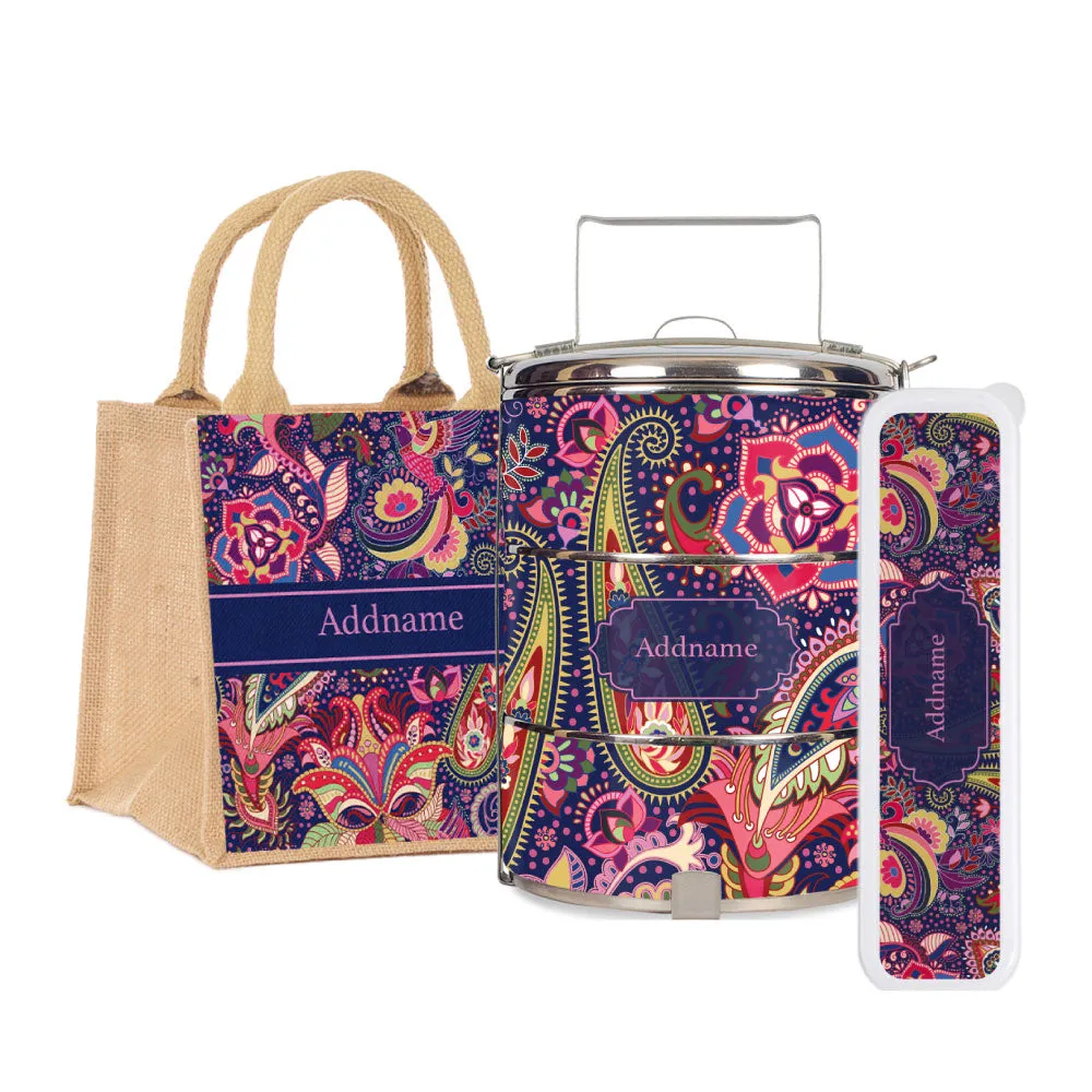 Paisley Batik Purple Tiffin Carrier, Jute Tote Bag  & Cutlery Set [FREE Custom Add Name]