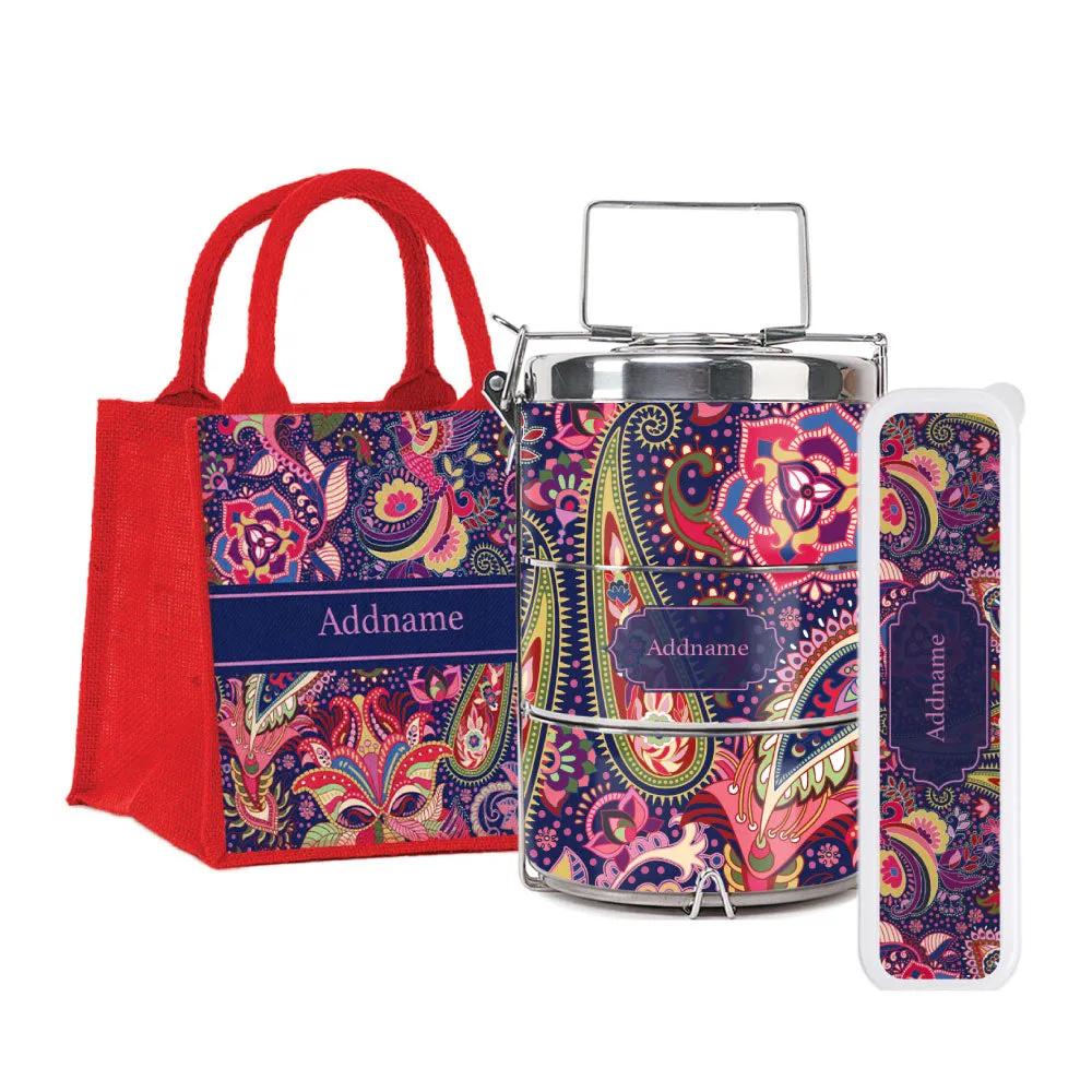 Paisley Batik Purple Tiffin Carrier, Jute Tote Bag  & Cutlery Set [FREE Custom Add Name]