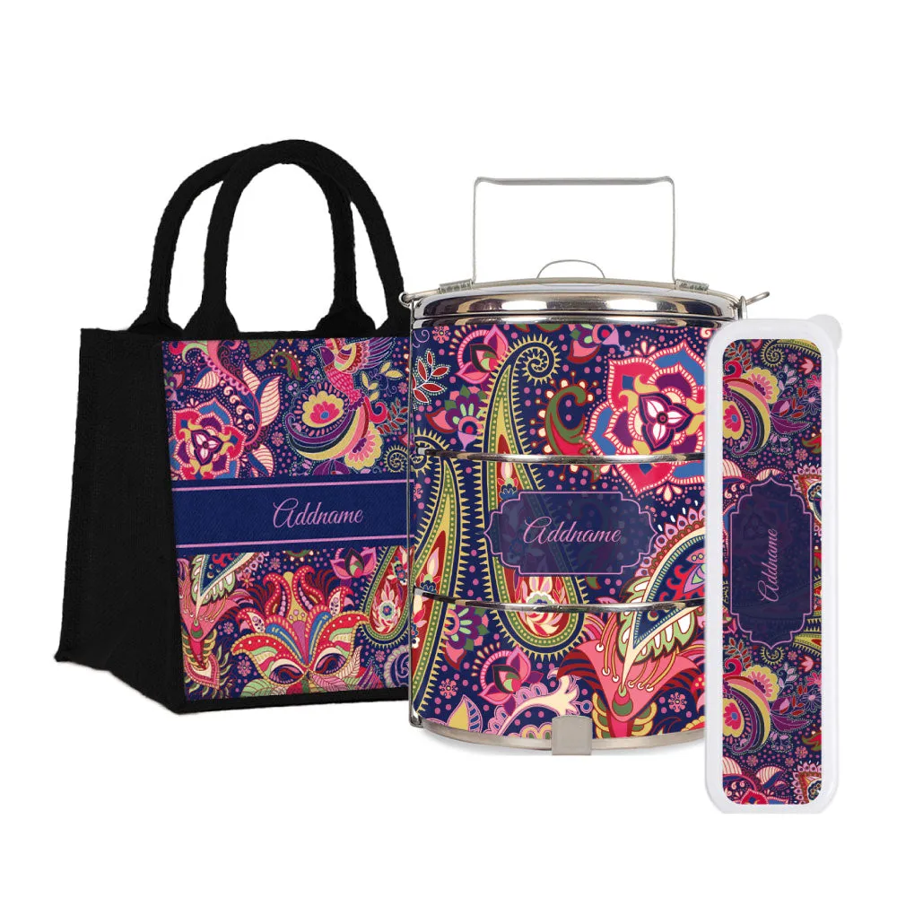 Paisley Batik Purple Tiffin Carrier, Jute Tote Bag  & Cutlery Set [FREE Custom Add Name]