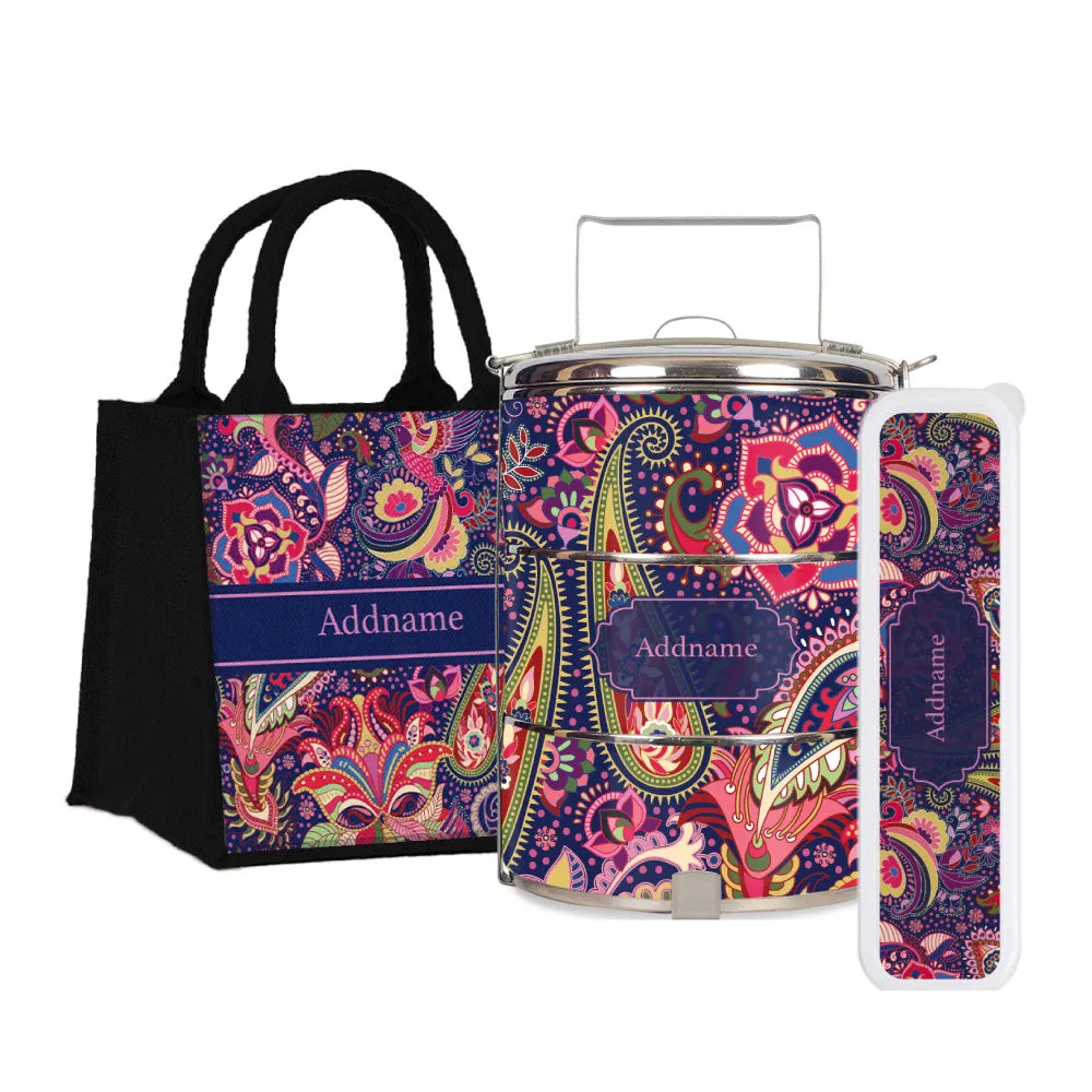 Paisley Batik Purple Tiffin Carrier, Jute Tote Bag  & Cutlery Set [FREE Custom Add Name]