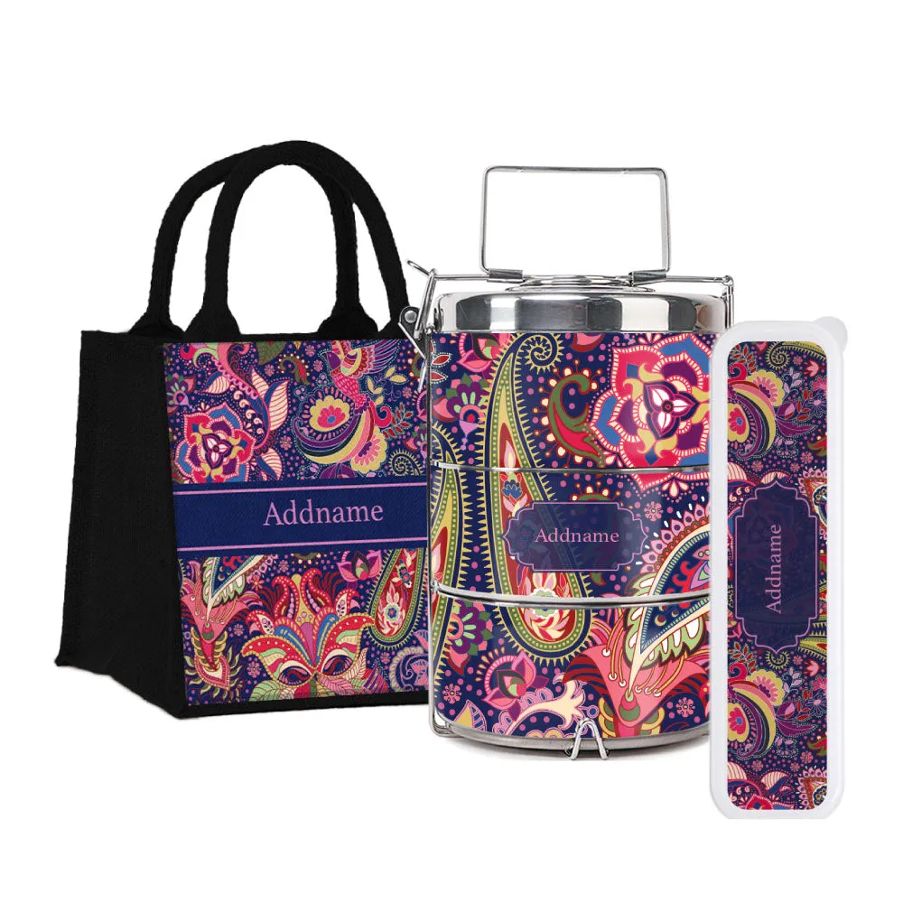 Paisley Batik Purple Tiffin Carrier, Jute Tote Bag  & Cutlery Set [FREE Custom Add Name]