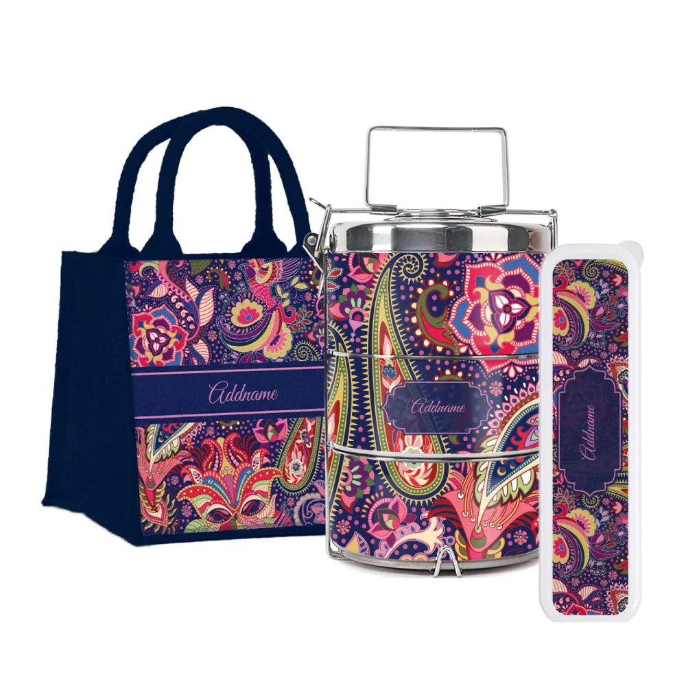 Paisley Batik Purple Tiffin Carrier, Jute Tote Bag  & Cutlery Set [FREE Custom Add Name]