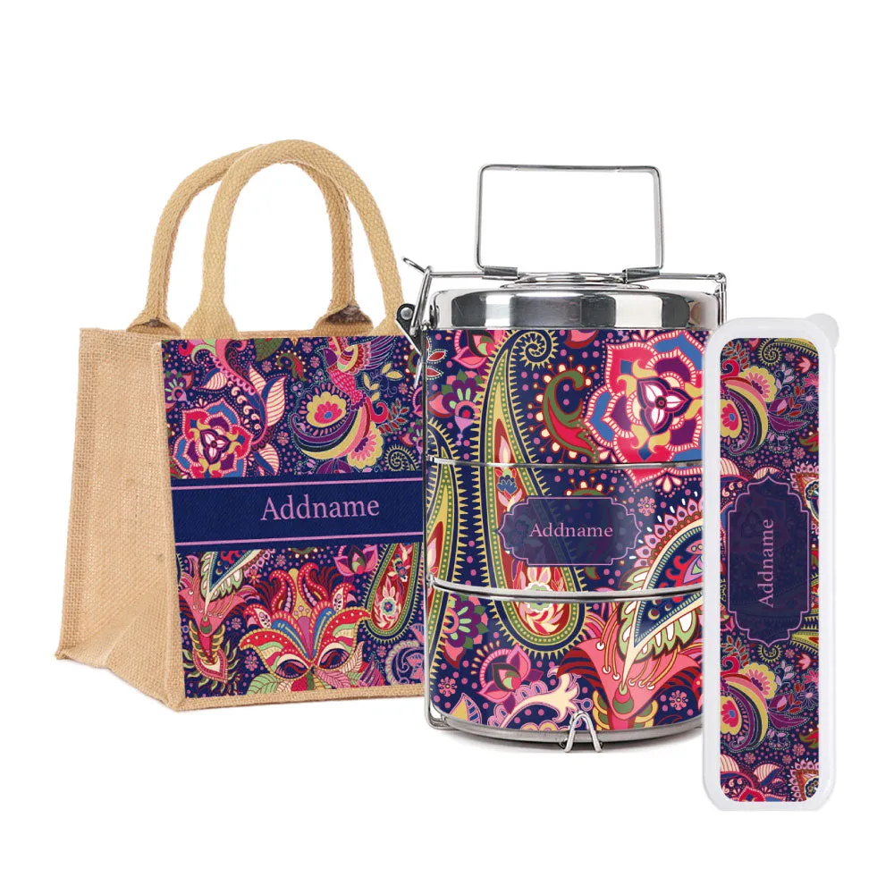 Paisley Batik Purple Tiffin Carrier, Jute Tote Bag  & Cutlery Set [FREE Custom Add Name]