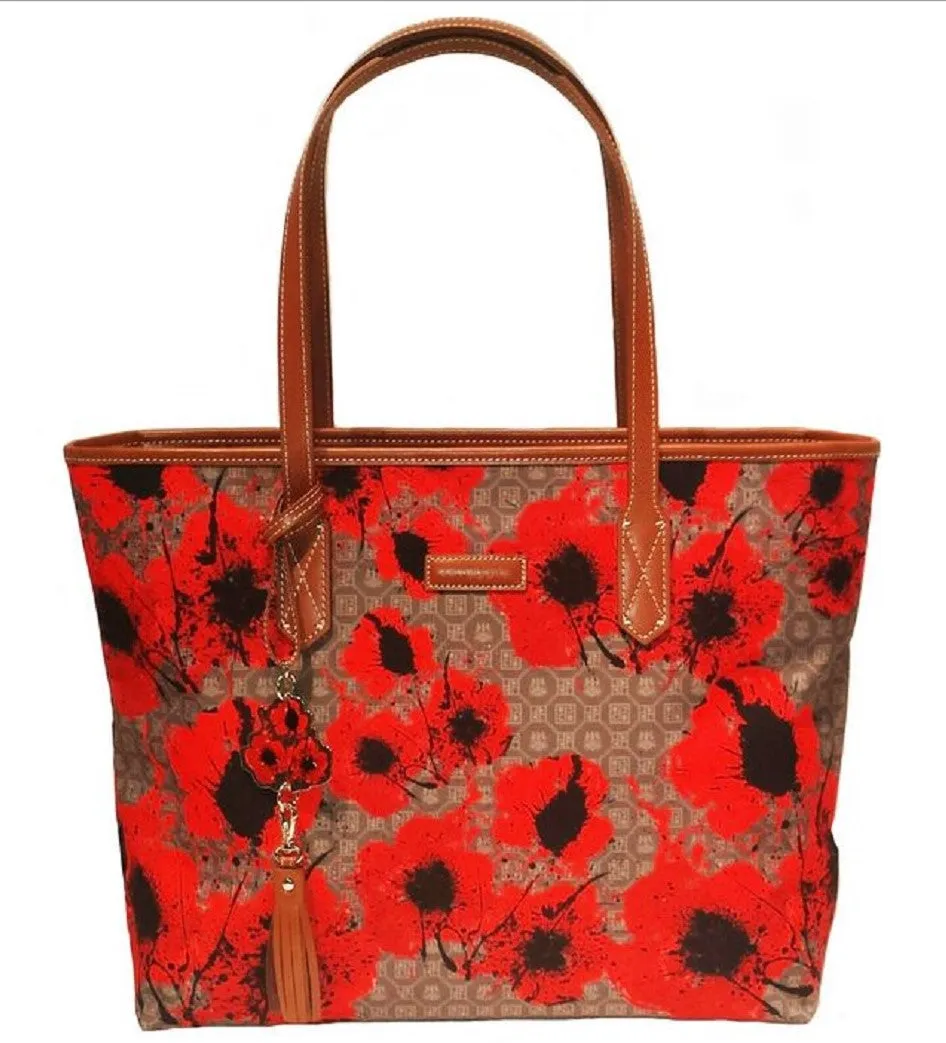 Pangborn Handbag - Red Poppies on Taupe