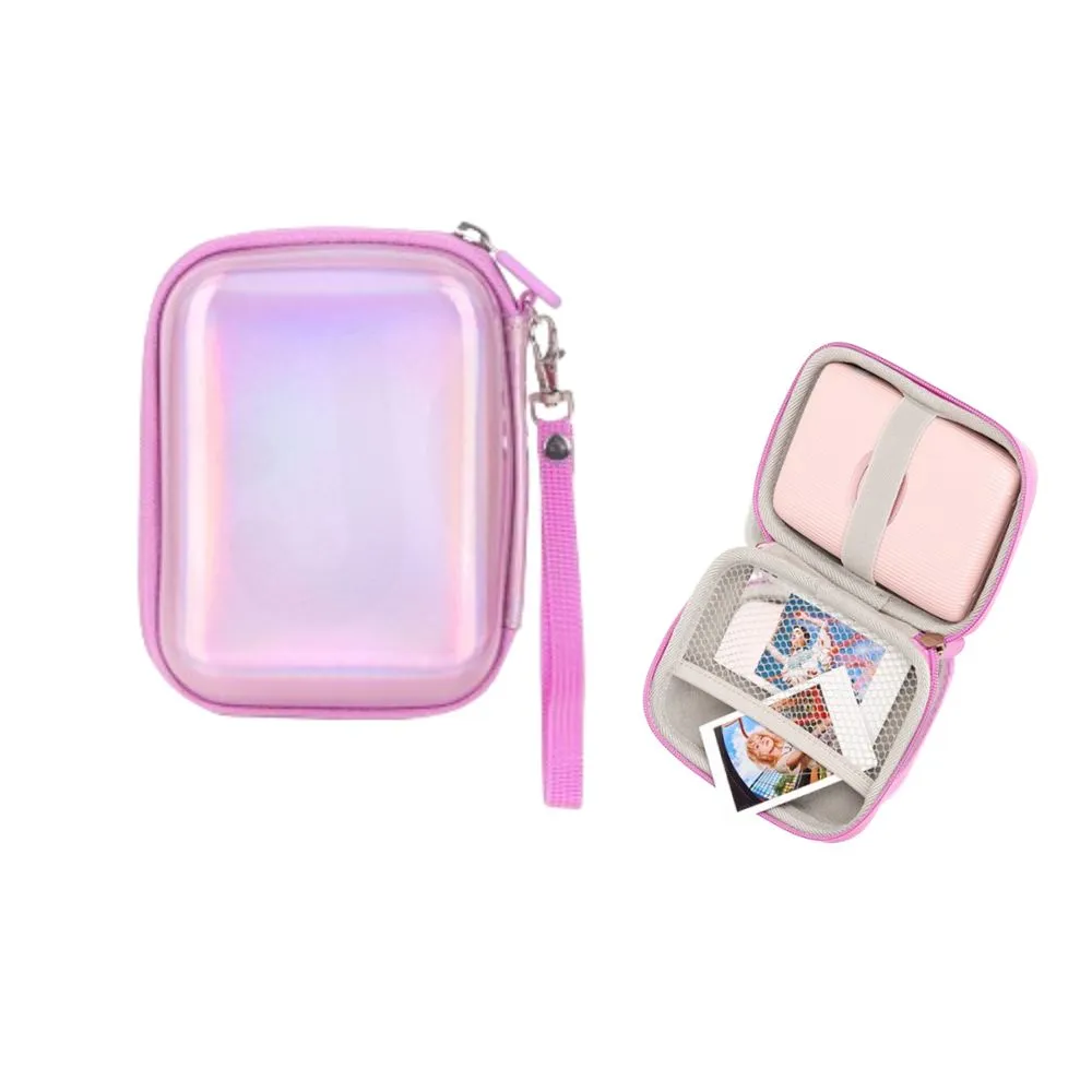 Pikxi Iridescent Holographic Style EVA Padded Hard Case for Instax LiPlay Cameras and MiniLink Portable Printers with Water Resistant Coating, Inner Accessory Pockets, and Hand Strap - Pink, Silver