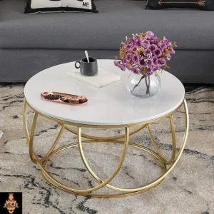 PREDELLA Round Coffee Table, Modern Coffee Table for Living Room, Tea, Coffee Tables Wooden Tabletop,Center Table,Durable Wood Faux Marble Top with Metal Legs (White)