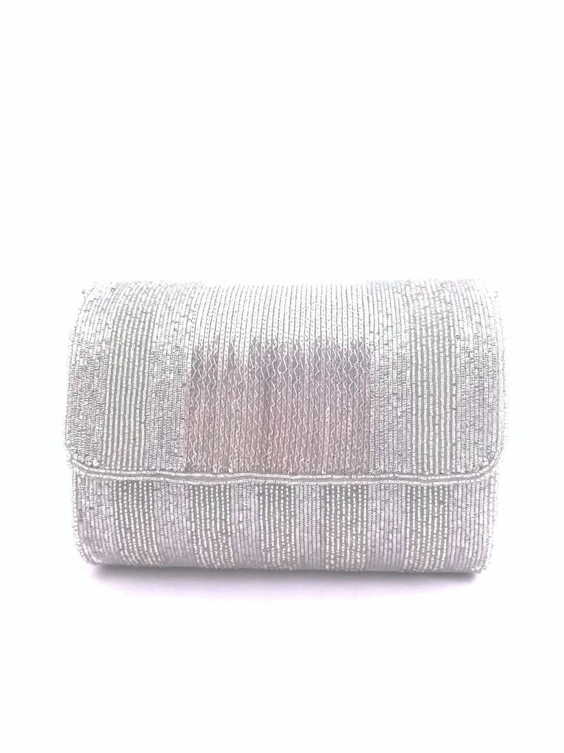 Silver Beaded Flap Clutch