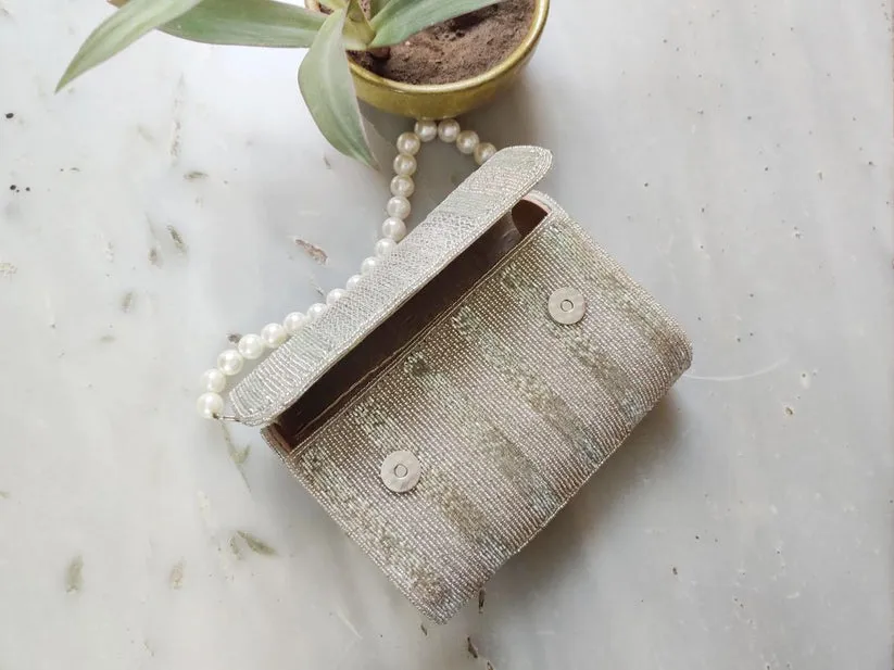 Silver Beaded Flap Clutch