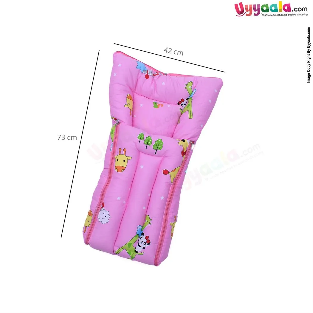 Sleeping Bag(Carry Nest) Premium Cotton Panda & Giraffe Print 0-3m Age, Pink