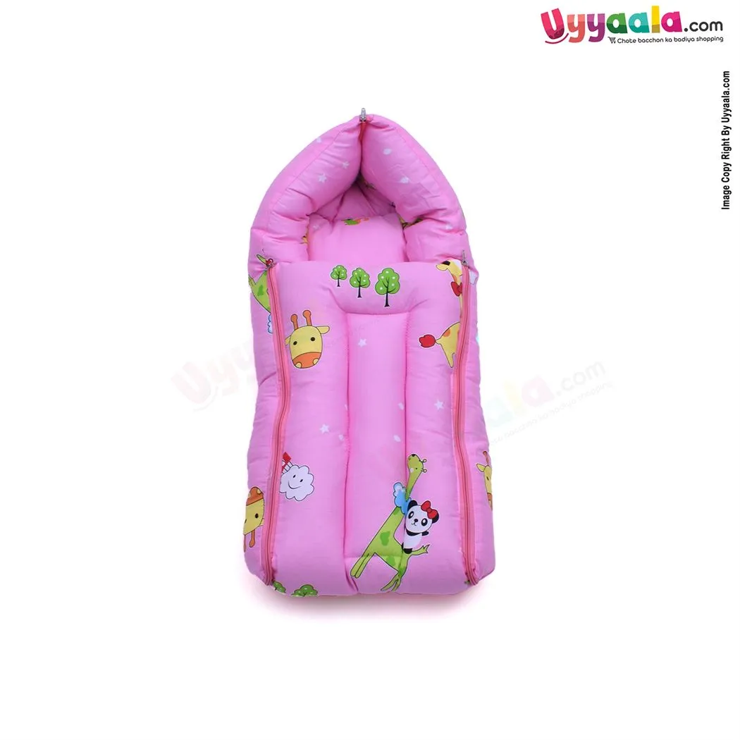 Sleeping Bag(Carry Nest) Premium Cotton Panda & Giraffe Print 0-3m Age, Pink