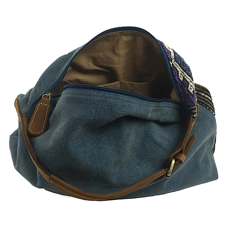 Stone Washed Teal Canvas & Hand Weave Hobo Bag