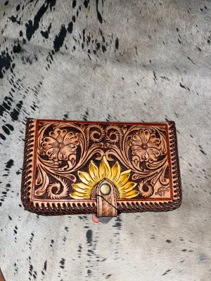 Sunflower and buck stich tooled ladies wallet/clutch