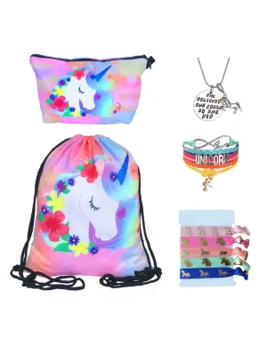 Unicorn Gifts for Girls - Unicorn Drawstring Backpack/Makeup Bag/Bracelet/Inspirational Necklace/Hair Ties (Flower Unicorn)