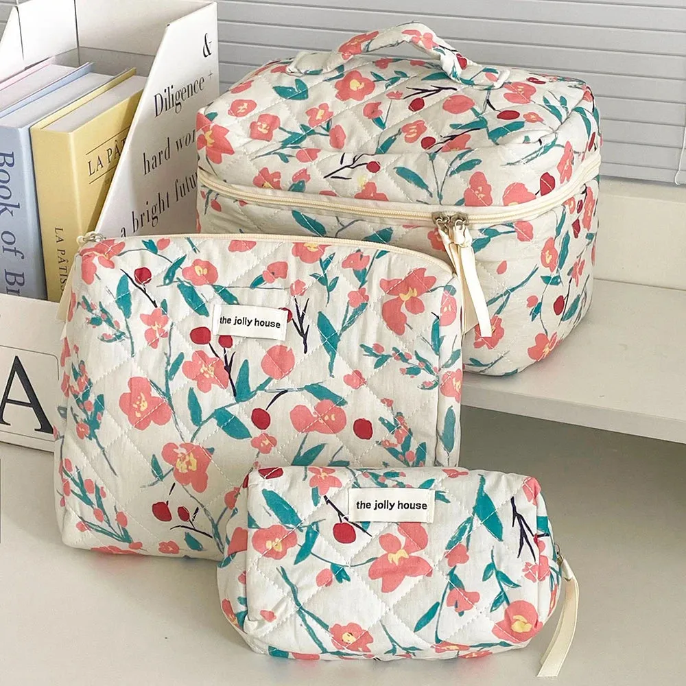 Vvsha Fashion Flower Quilting Women's Cosmetic Bag Portable Tote Cotton Makeup Storage Pouch Cute Toiletry Make Up Travel Bag For Gift