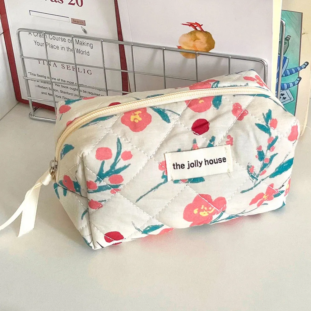 Vvsha Fashion Flower Quilting Women's Cosmetic Bag Portable Tote Cotton Makeup Storage Pouch Cute Toiletry Make Up Travel Bag For Gift