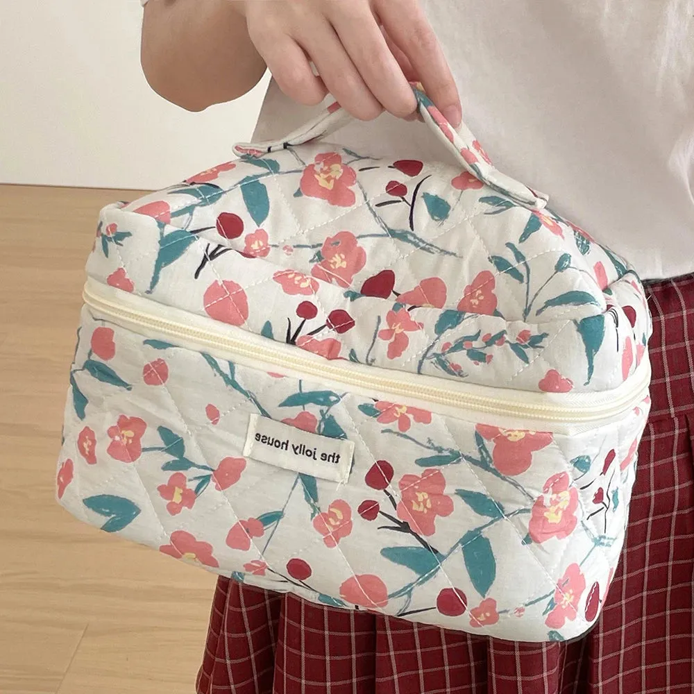 Vvsha Fashion Flower Quilting Women's Cosmetic Bag Portable Tote Cotton Makeup Storage Pouch Cute Toiletry Make Up Travel Bag For Gift