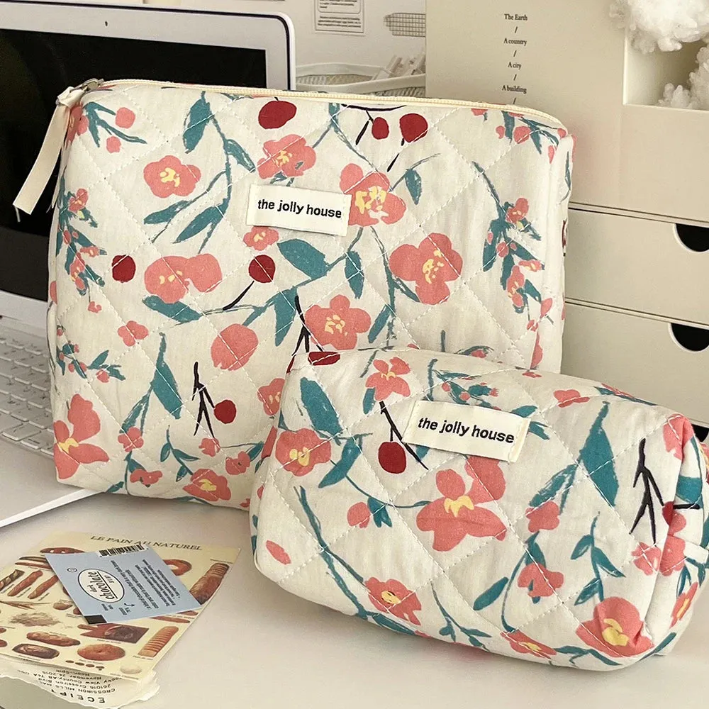 Vvsha Fashion Flower Quilting Women's Cosmetic Bag Portable Tote Cotton Makeup Storage Pouch Cute Toiletry Make Up Travel Bag For Gift