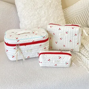 Vvsha Fashion Women Quilted Cotton Cosmetic Storage Bag Cherry Travel Makeup Storage Organizer Pouch Girls Pencil Case Tote Handbags